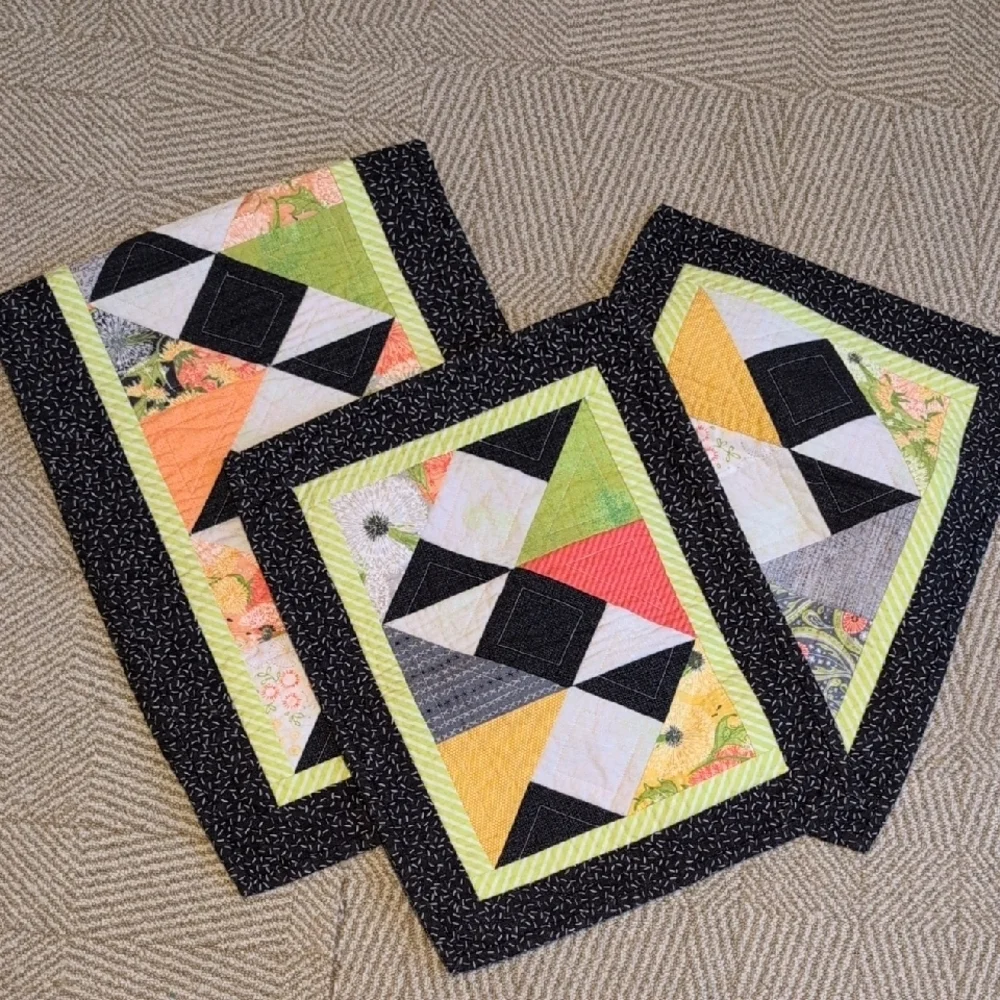 Handmade Bright Quilted Placemat & Table Runner Set Coral Lime Green Black